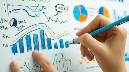 Close-up of hands drawing a graph on a whiteboard.
