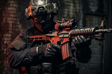 Fototapeta premium Special weapons and tactics team member aiming with a customized automatic rifle in a shadowy setting