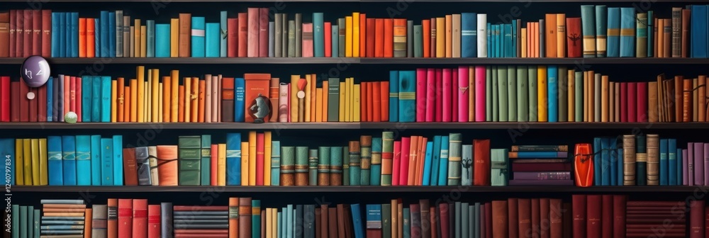 Poster a vibrant display of colorful books on shelf with diverse covers in a modern library environment