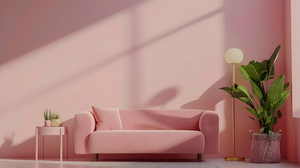 Cozy pink living room featuring a stylish sofa, decorative plants, and soft lighting