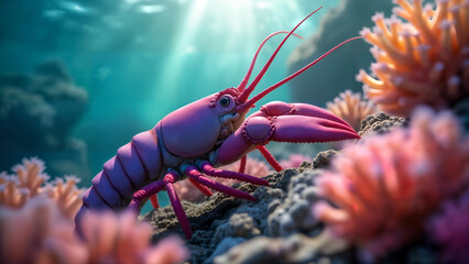 Artistic Representation of a Purple Reef Lobster in a Vibrant Underwater Landscape with Sunlight Interaction