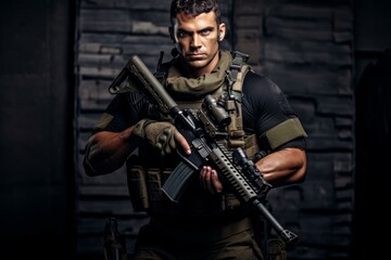 Fototapeta premium Studio shot of special forces soldier holding assault rifle and wearing tactical gear