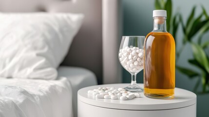Chronic Alcoholism Symptom Concept, Medications on Bedside Table with Glass and Bottle Next to Comfortable Bed in Modern Bedroom Setting