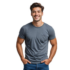 Obraz premium Friendly Young Man Wearing a Casual T-Shirt, Smiling and Enjoying a Relaxed Moment Outdoors