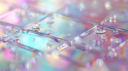 Reflective water droplets on iridescent surface abstract macro photography indoor environment vibrant colors