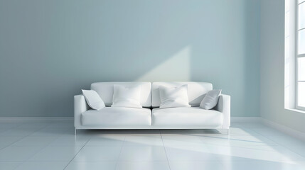 Modern minimalist living room featuring a white sofa with cushions against a light blue wall