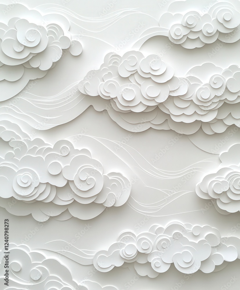 Poster intricate white paper clouds in abstract design with soft curves