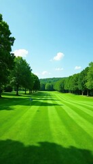Fototapeta premium Lush green golf course grass, perfectly manicured , environment, close-up, idyllic