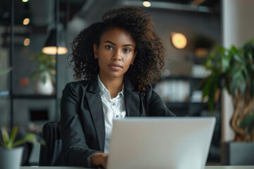A dark-skinned business woman dressed in a professional suit sits at a desk, looking intently at her laptop in a contemporary office space filled with greenery.