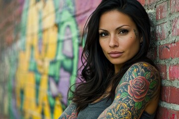 Edgy Woman with Full Sleeve Tattoos A striking woman with long, dark hair revealing a detailed full sleeve tattoo