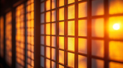 Warm Sunset Light Through Japanese Shoji Screen
