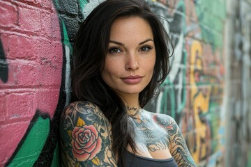 Naklejka premium Edgy Woman with Full Sleeve Tattoos A striking woman with long, dark hair revealing a detailed full sleeve tattoo