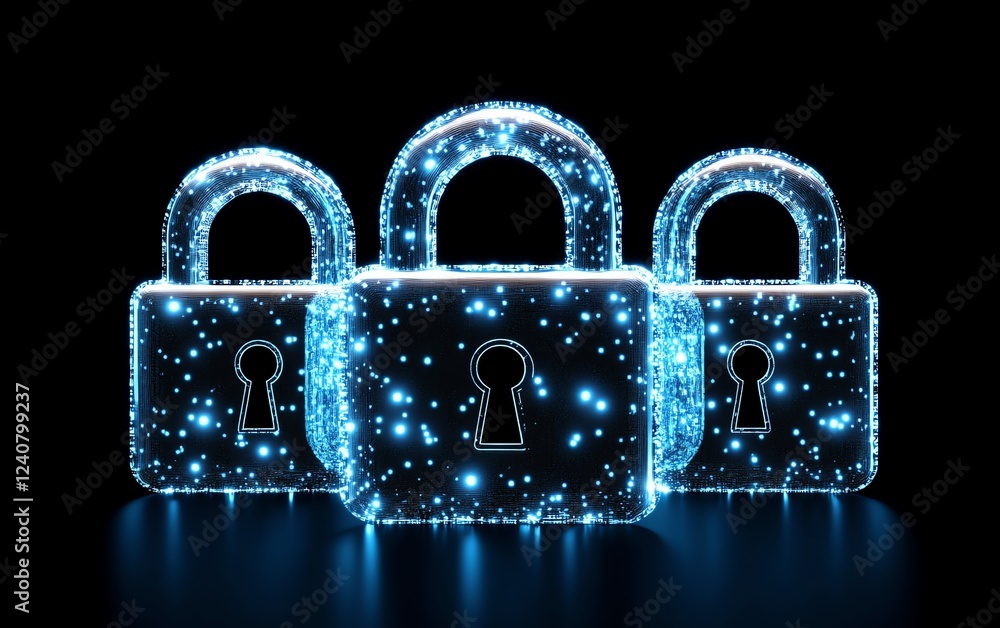 Poster Futuristic digital cybersecurity interface featuring padlock icons, symbolizing strong data protection and secure online transactions