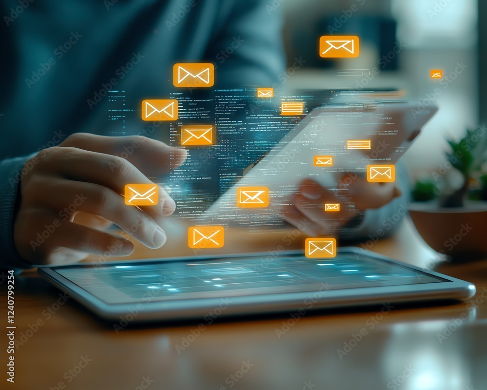 Aufkleber Person interacting with a tablet showing email spam alert notifications, emphasizing email security and antispam measures