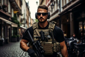 Military soldier patrolling urban environment wearing tactical gear, carrying assault rifle, maintaining vigilance