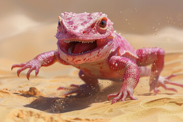A vibrant pink lizard scurries swiftly over golden sand, its playful movements kicking up tiny particles in the warm sunlight of a lively desert setting.
