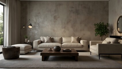 Serene Living Room with Neutral Palette, Plush Sofa, Armchair, and Textured Wall

