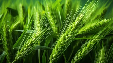 Vibrant Green Wheat Field Close-Up with Lush Stalks and Detailed Grain Heads Captured in Natural Light for Agricultural and Nature Photography