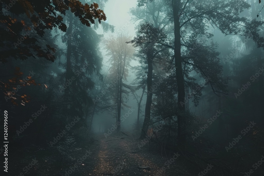Poster mysterious path leading through foggy forest with some leaves changing color during autumn