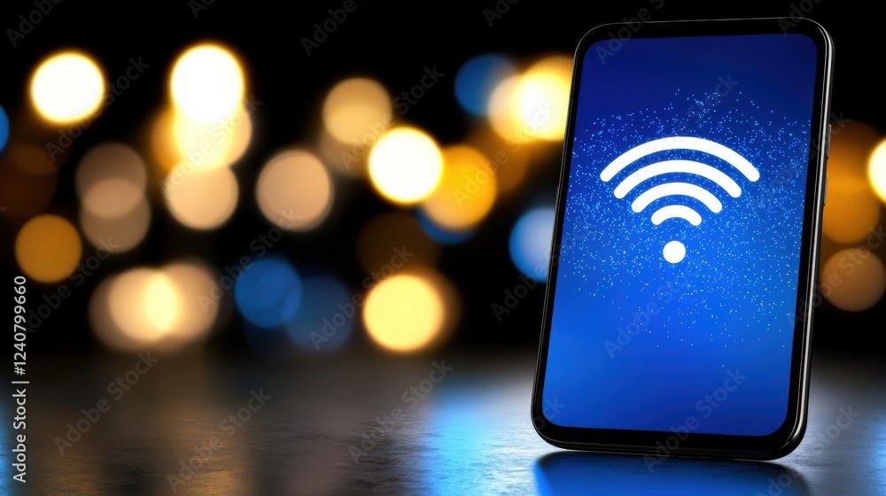 Poster mobile device displaying wi-fi signal modern urban environment technology image nighttime bokeh back