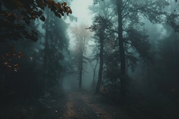 Fototapeta premium Mysterious path leading through foggy forest with some leaves changing color during autumn
