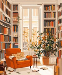 Cozy Reading Nook with Bookshelves and Indoor Plant in Sunlit Room