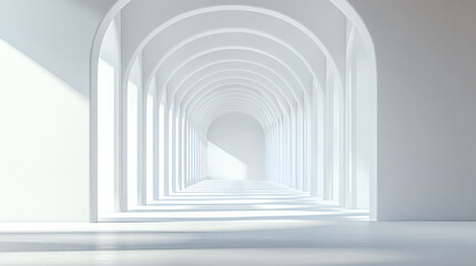 Fototapeta premium White background with arches and columns, creating an elegant and minimalist interior design. The perspective is from the ground looking up at tall white walls, with soft lighting casting gentle 