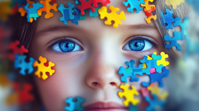 Child with autism and colorful puzzle pieces symbolize global awareness and acceptance of autism. World Autism Day
