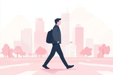 Flat vector illustration of a businessperson walking on a city street with an office in the background, simple and clean lines, soft pastel background.