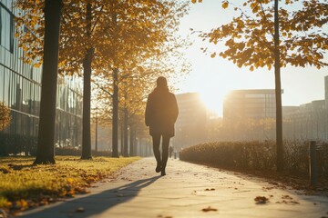 A person walking along a tree-lined path toward an office building, breathing in the fresh morning air. A peaceful and healthy start to the workday.