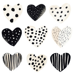 Monochromatic Heart Collection: Nine stylish hearts in black and beige tones, featuring various patterns like polka dots, stripes, and speckles.