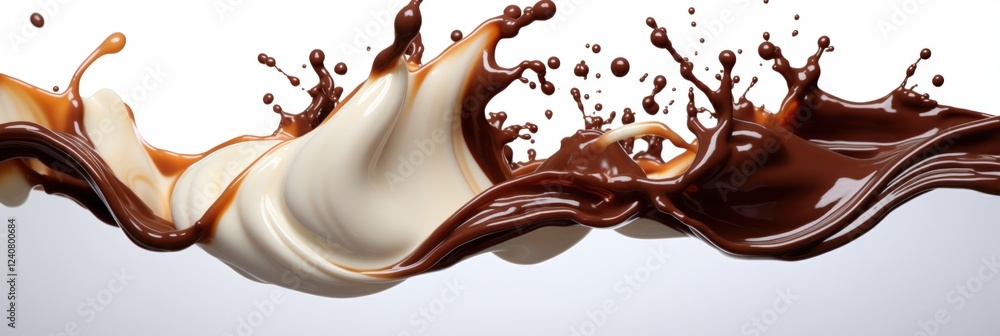 Poster dynamic splash of chocolate and white cream captured in motion creating an artistic culinary visual 