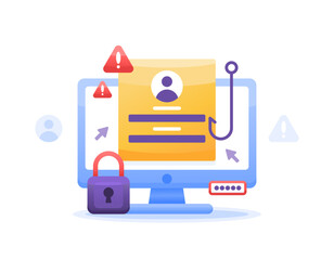 phishing web concept. suspicious login page warning notice. beware of phishing websites. security and prevention. illustration of a computer monitor with a login page, hook and lock. flat style design © Papcut design 