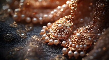 Elegant Golden Jewelry with Pearls on a Textured Fabric Background