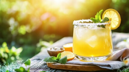 A refreshing mocktail featuring vibrant yuzu, served in  glass with a delicate rim of sugar crystals. garnished with a thin slice of fresh yuzu and a sprig of mint, with a few ice cubes