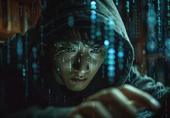 Hacker in Hooded Jacket Using Laptop Surrounded by Digital Code Lights