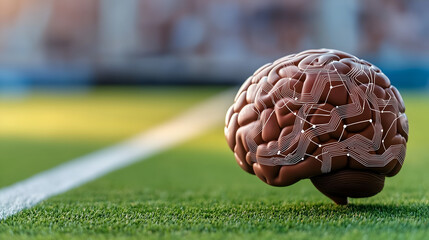 A creative representation of a brain on a soccer field, merging sports and intellect in a visually striking manner.