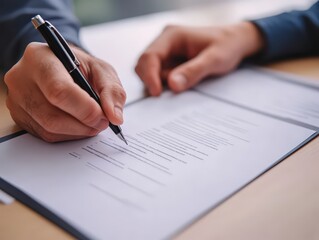 Signing important documents at a modern office desk during a sunny afternoon