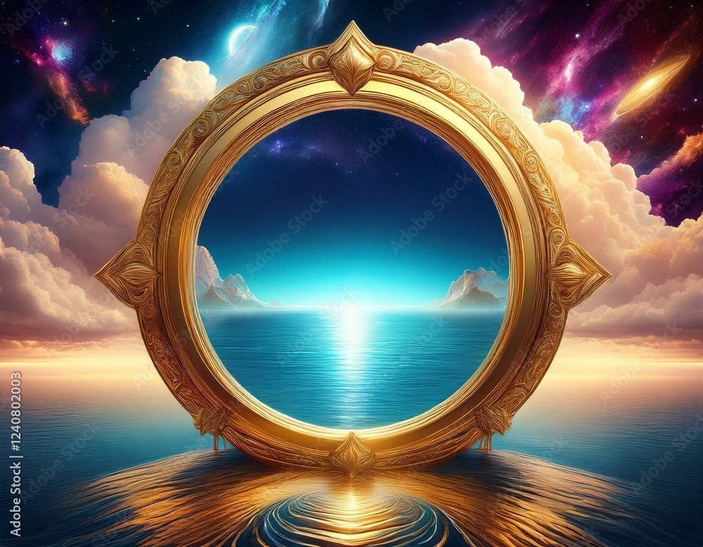 Canvas Prints surreal cosmic portal ocean and cloud fusion with golden frame