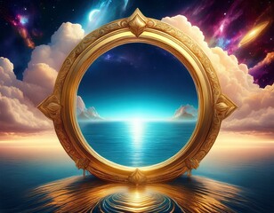 surreal cosmic portal ocean and cloud fusion with golden frame