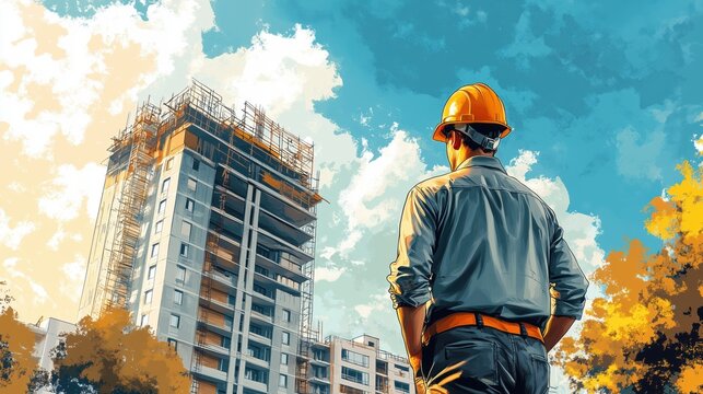 Construction builder in a building uniform. construction background. Builder at the construction site. Man worker with helmet on construction site. Bilder in hardhat. 