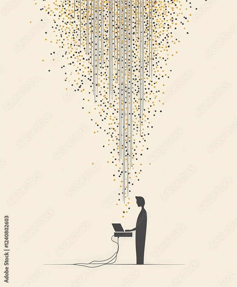 Poster person standing with laptop under stream of colorful data points