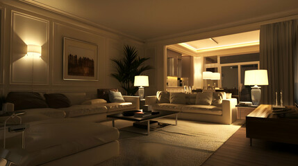 Fototapeta premium Cozy living room with modern furniture, warm lighting, and a view of a kitchen area