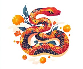 Obraz premium Vibrant Orange Snake in a Floral Design with Citrus Elements