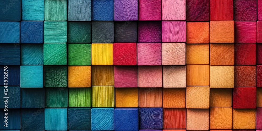 Poster colorful wooden blocks arranged in a neat pattern creating a visually appealing and vibrant display 