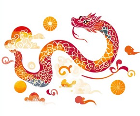 Obraz premium Vibrant Colorful Dragon Illustration with Clouds and Sun Motifs