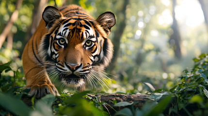 Obraz premium A majestic tiger stealthily moves through lush greenery, showcasing its striking orange fur and intense gaze in a vibrant jungle setting.