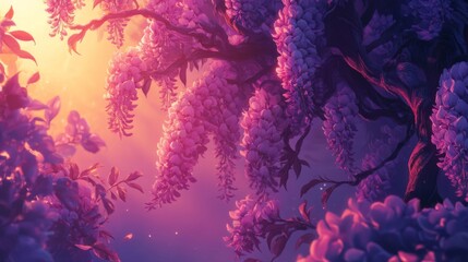 Vibrant Purple Wisteria Blossoms at Sunset