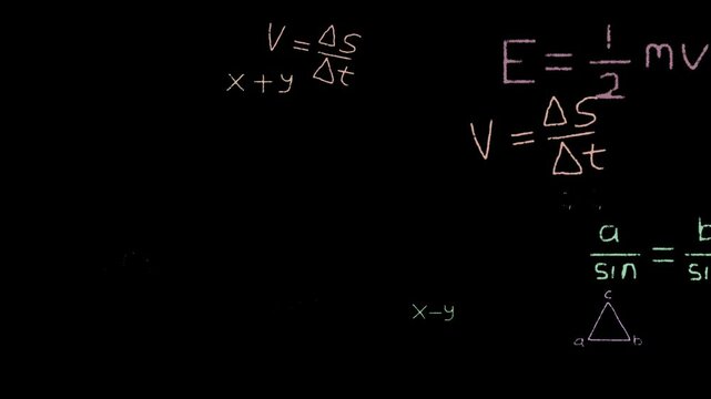 Matrix of handwriting math calculations functions equations formulas loop with chalk text effect motion background. Seamless loop. Alpha channel 