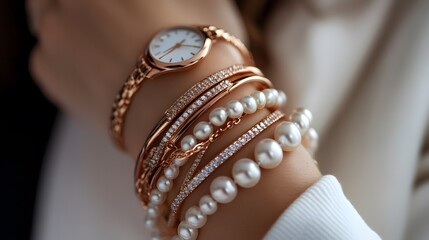 Elegant Rose Gold Watch and Pearl Bracelet Stack on a Hand